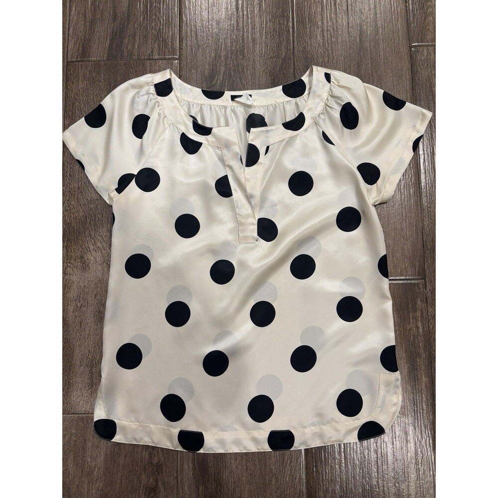 J Crew 100 % Silk Polka Dot Women’s Blouse Size 4 Ivory & Black Short Sleeve EUC